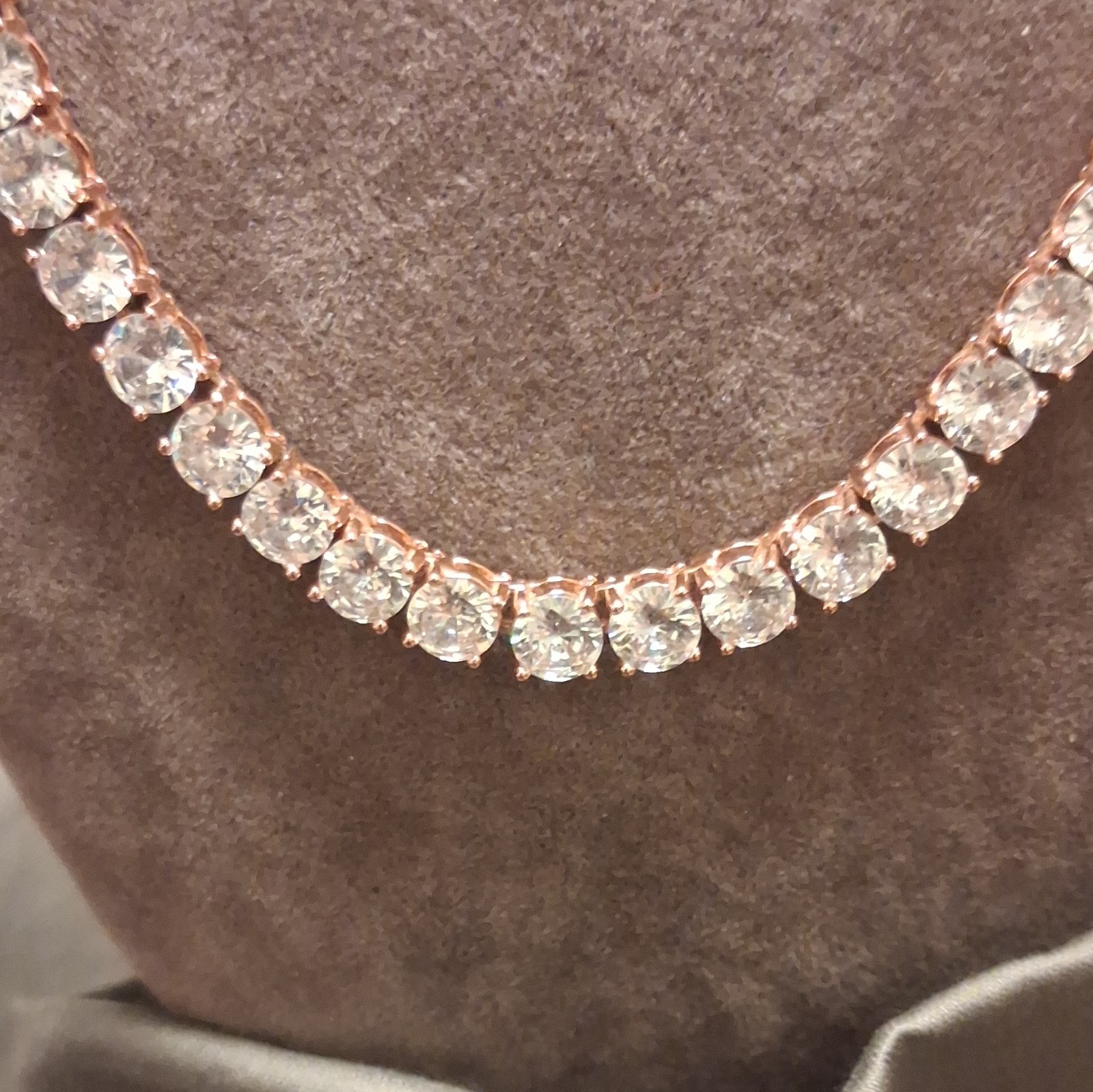 Rose Gold Plated Tennis Chain Necklace Round Simulated Diamond Prong Set