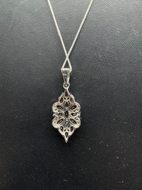 Natural Red Garnet Floral Cluster Pendant, Sterling Silver Statement Jewelry