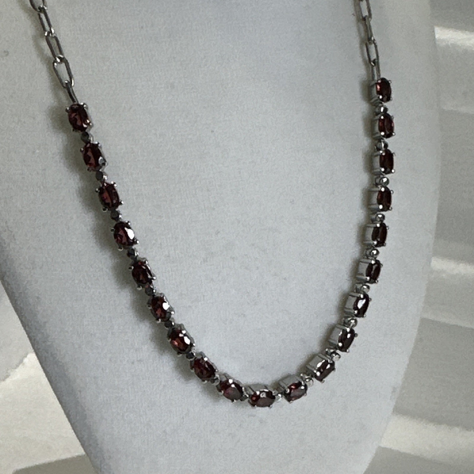 Stainless Steel Station Bar Link Necklace Red Oval Stones Prong Lobster Clasp