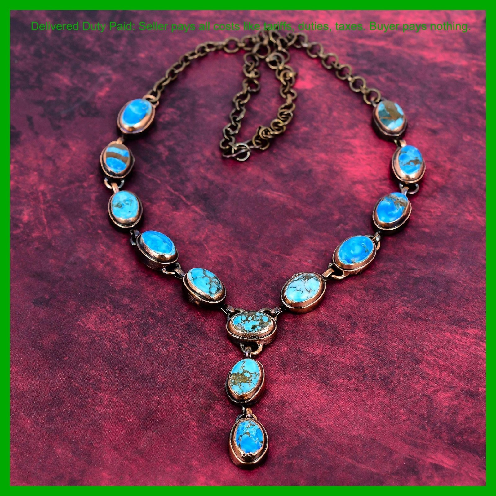 Copper Tibetan Turquoise Gemstone New Electroformed Bezel Chain Necklace Jewelry