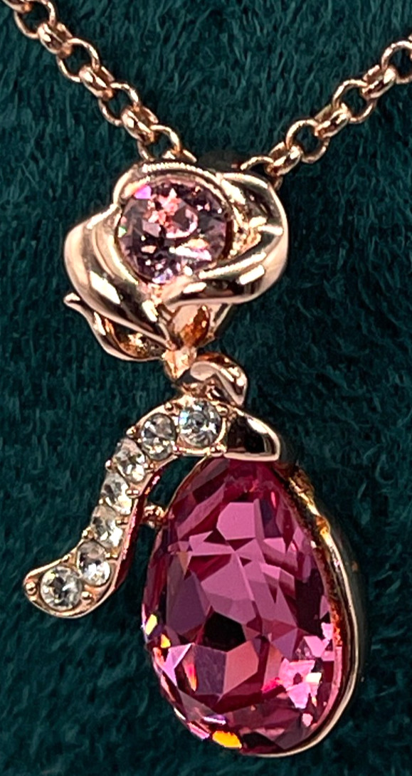 Necklace Rose Gold Tone Bright Pink Teardrop Crystal w/Rose Accent 16″ + 2′