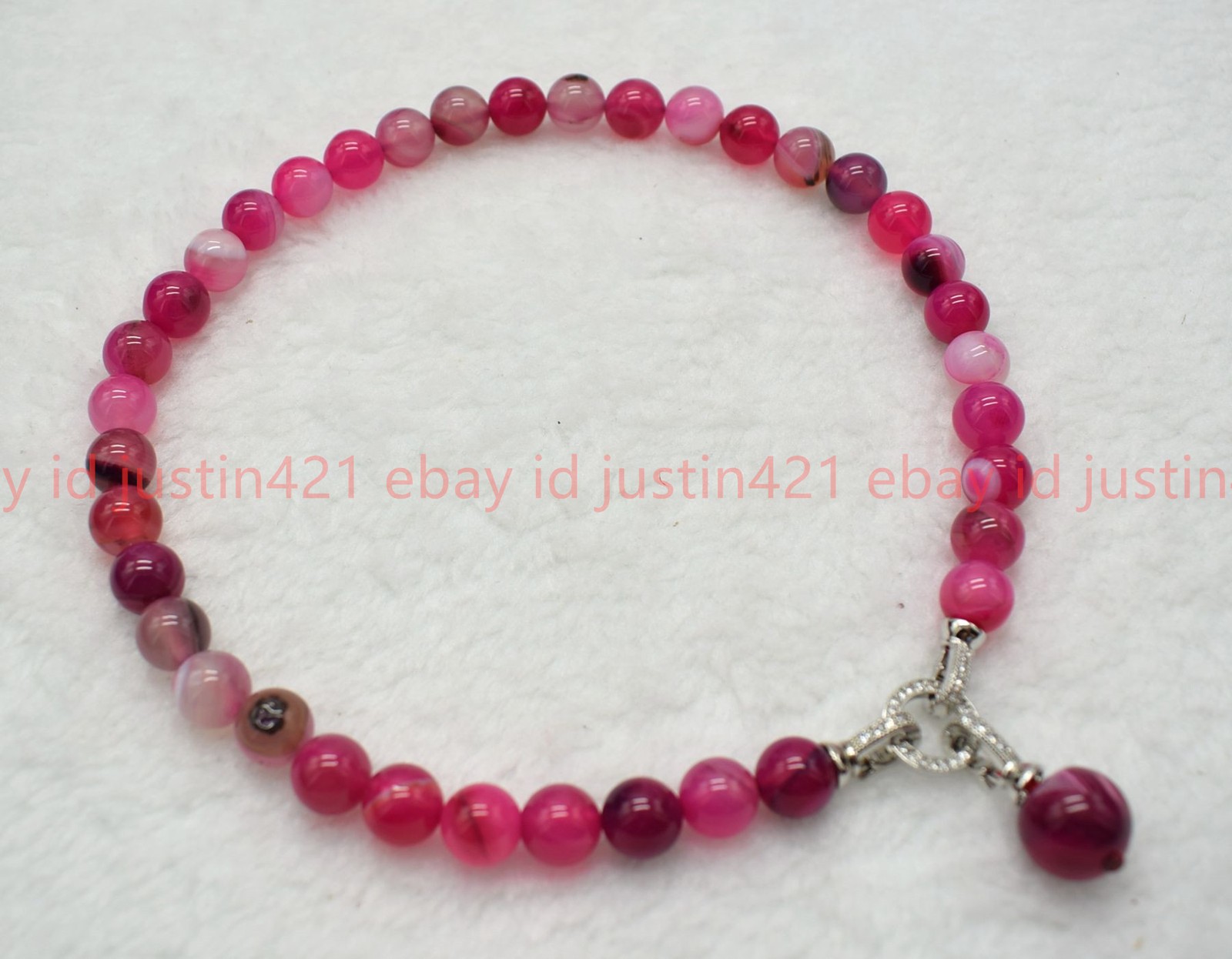 Natural 8/10mm Rose Red Striped Agate Round Gemstone Pendant Necklace 16-24in