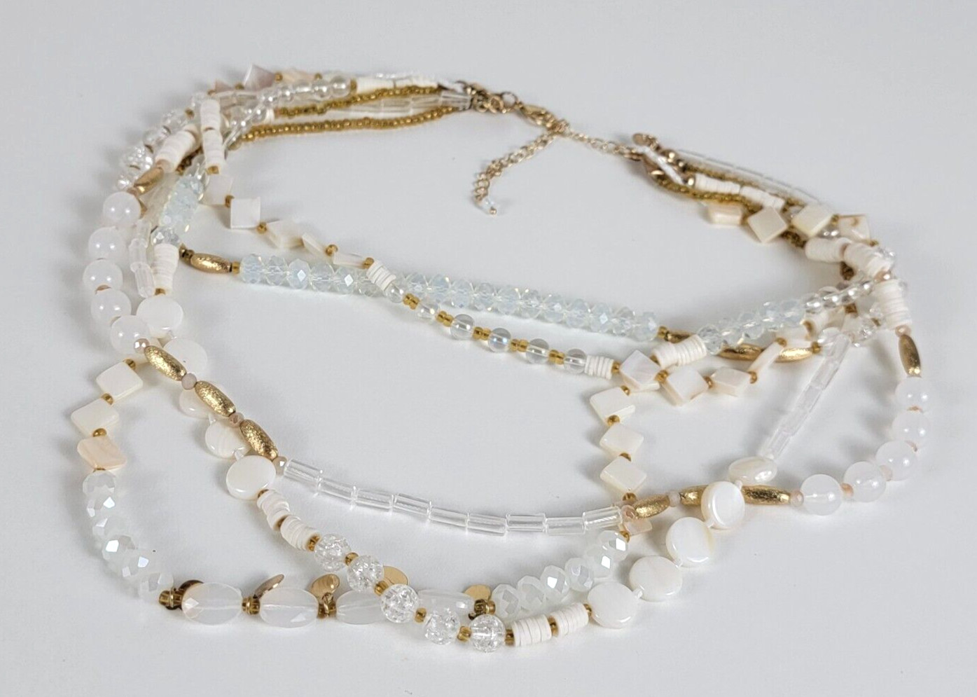 White And Gold Mother Of Pearl Glass Beaded Layered Necklace 21″ Lobstert Clasp