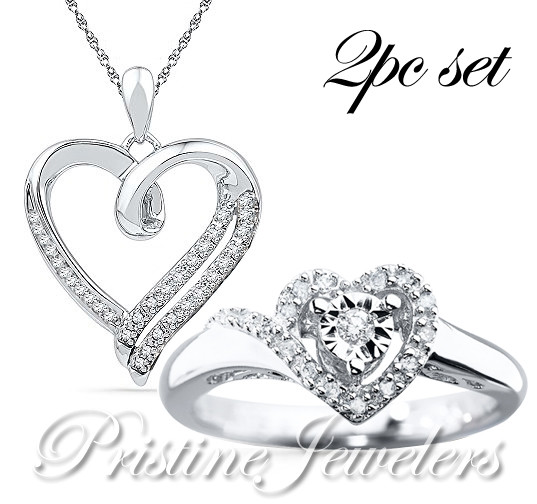 🔥 Solid 925 Sterling Silver Heart Necklace Rope Chain & White CZ Stone Ring Set