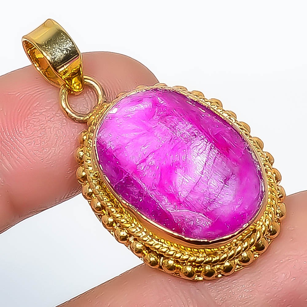 Ruby (Lab-Created) Gemstone 925 Silver Gold Plated Pendant 1.56″ P7622-283