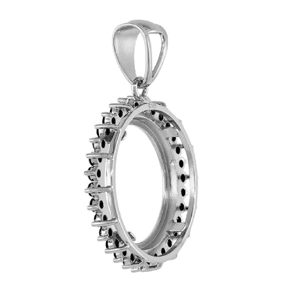 19 mm Sterling Silver Halo Black CZ Stones 1 Cent Coin Bezel Pendant, Box Chain