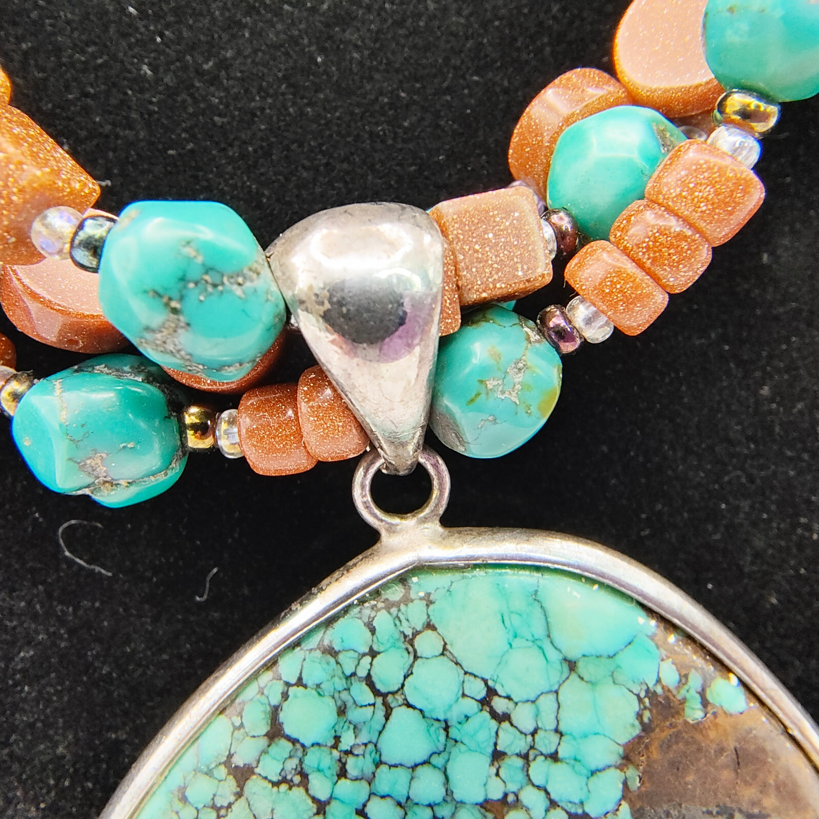 Faux Turquoise Pendant Necklace 925 Sterling Glitter Copper Color Bead Boho