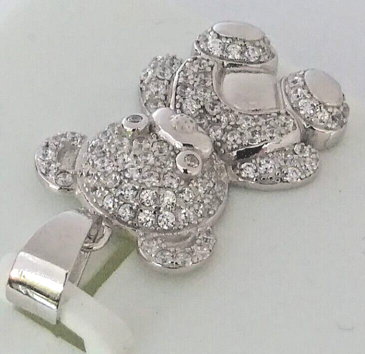925 Sterling Silver Pendant Iced Teddy Bear cubic zirconia CZ’s MEDIUM 26X12MM