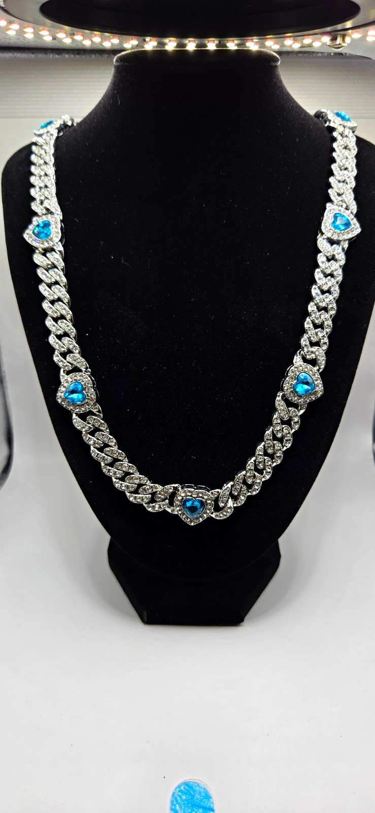 Silver Tone Cuban Link Chain Necklace Prong Set Blue Round Crystal Stations