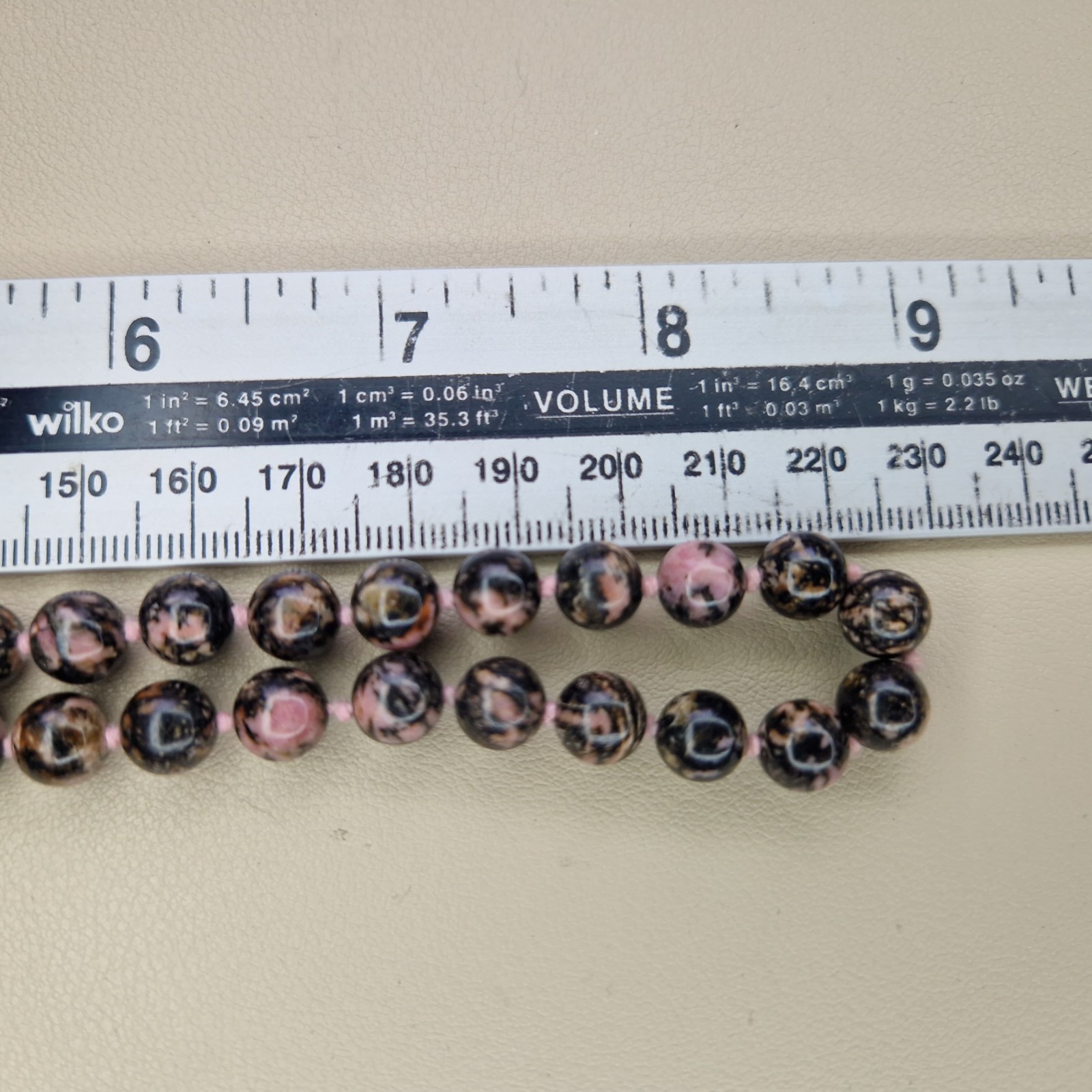 Rhodonite Beaded Necklace Black Lace Pattern Gemstone Healing 46cm Hand-knotted