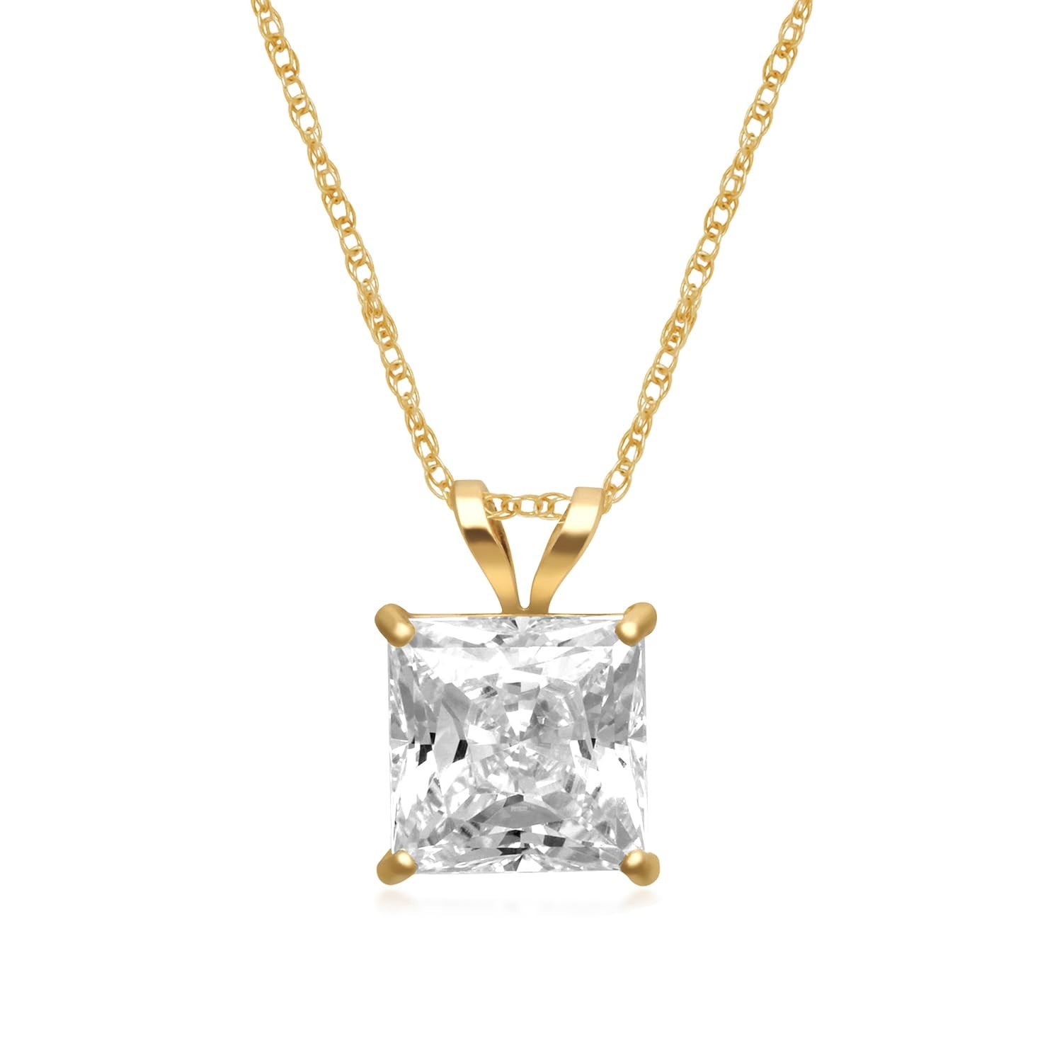 10K Gold Princess Cut CZ Solitaire Pendant Necklace for Women | 1.0-2.0 Carat |