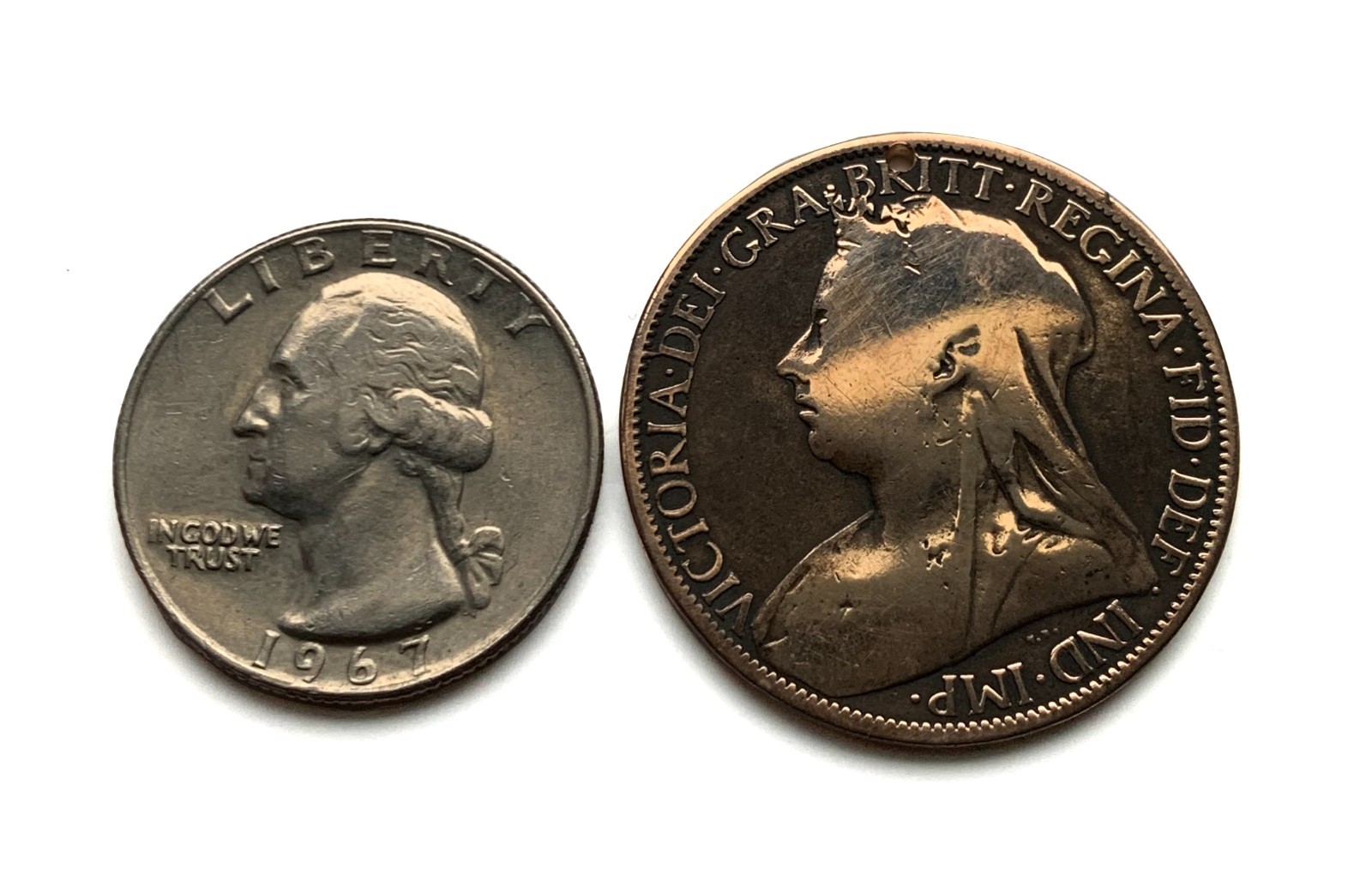 1897 United Kingdom 1 Penny coin pendant Queen Victoria London Manchester 001616