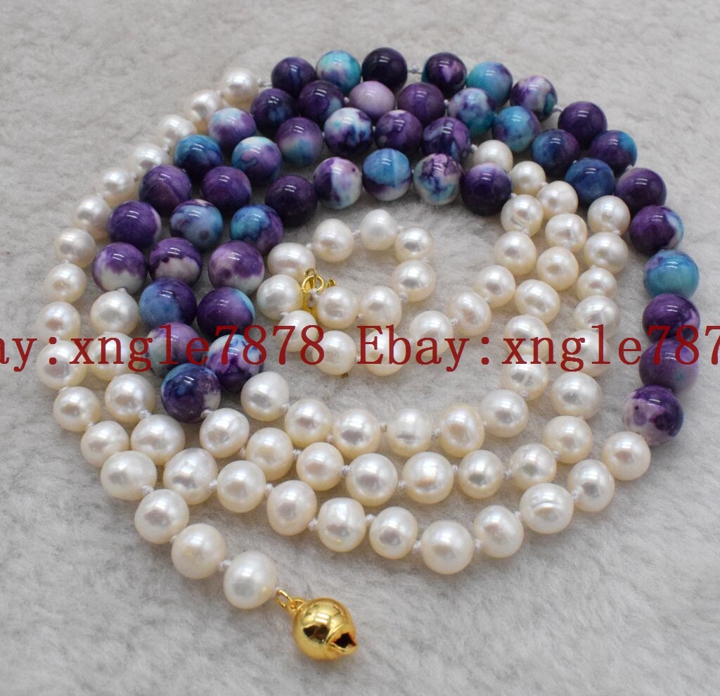 Beautiful 8mm Purple Turquoise & 7-8mm White Cultured Pearl Necklace 36”