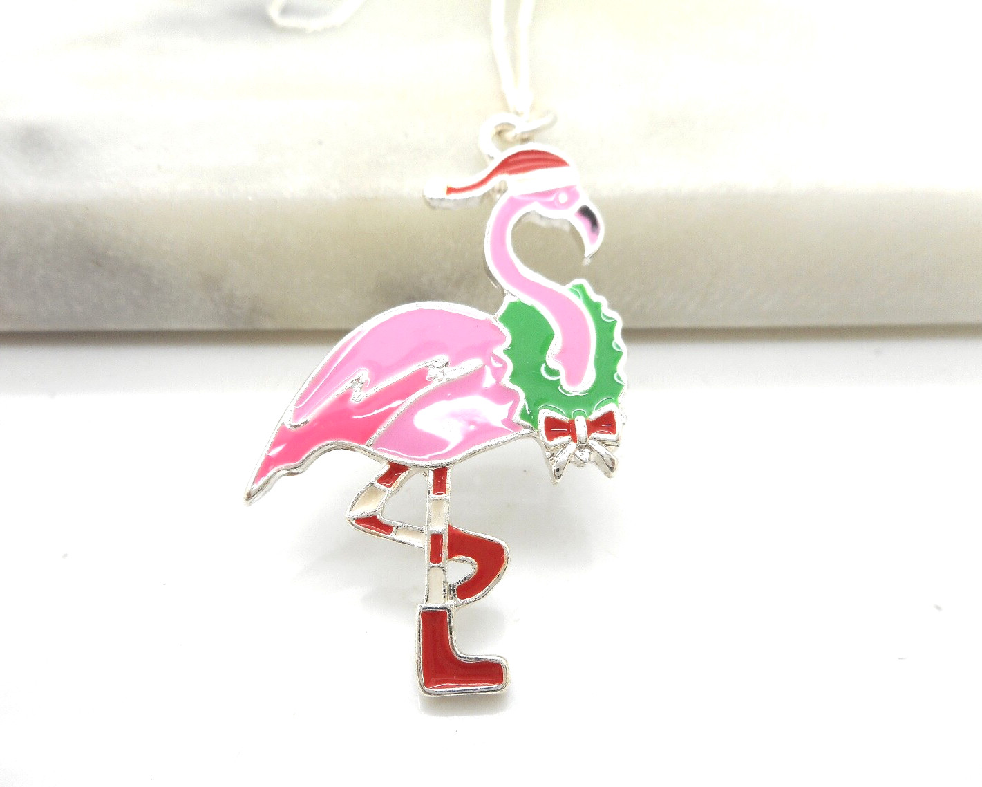 Holiday Flamingo Wreath And Hat Necklace Pendant Christmas Xmas
