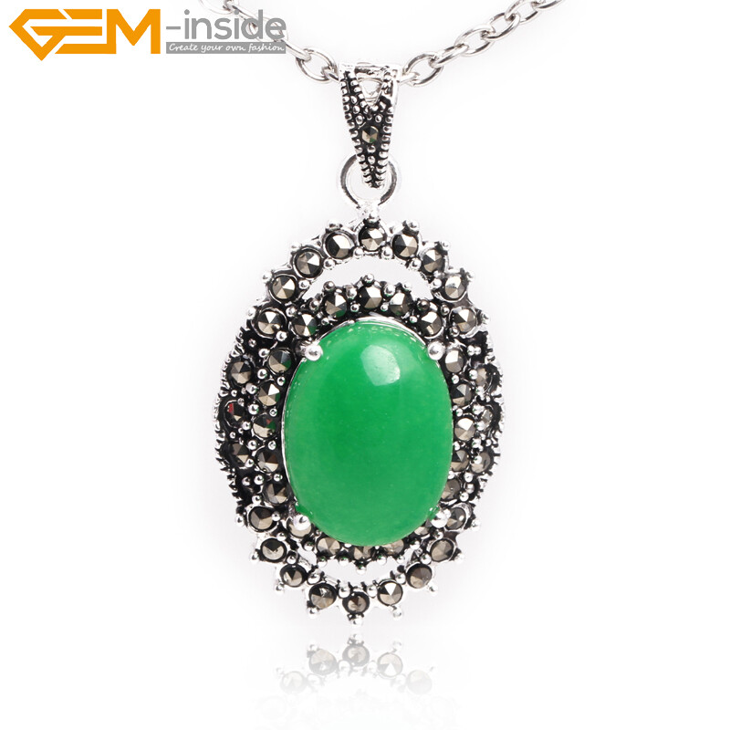 Oval Marcasite Tibetan Silver Crystal Coral jade Jewelry Pendant Necklace Dyed