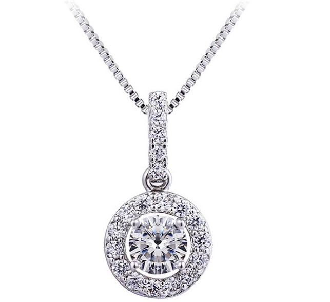 Rhodium plated Cubic Zirconia Gemstone Round Pendant Necklace 18″ Chain Box P25