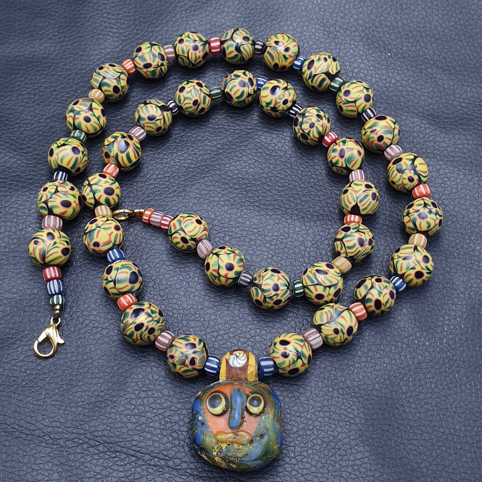 Stunning Vintage Venetian Style Eyes Glass With Old Face Glass Pendant Necklace