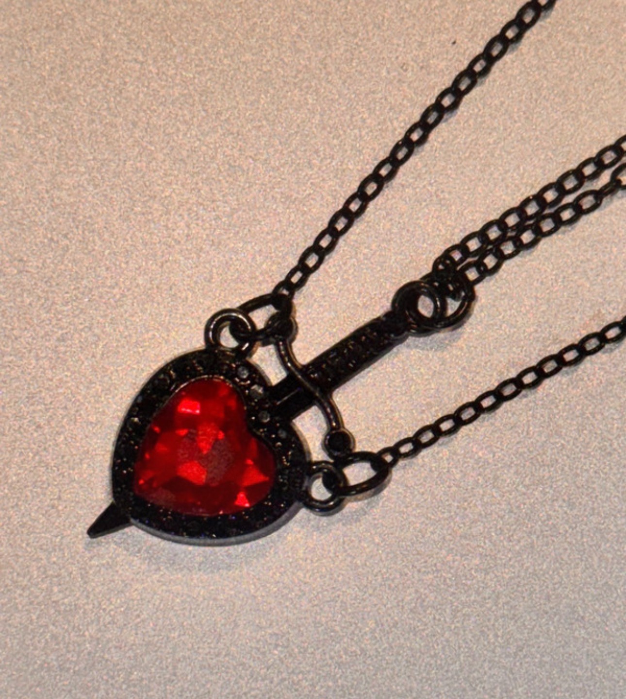 Silver Black Gothic Red Heart & Dagger Pendant Couple Necklace & Free Gift