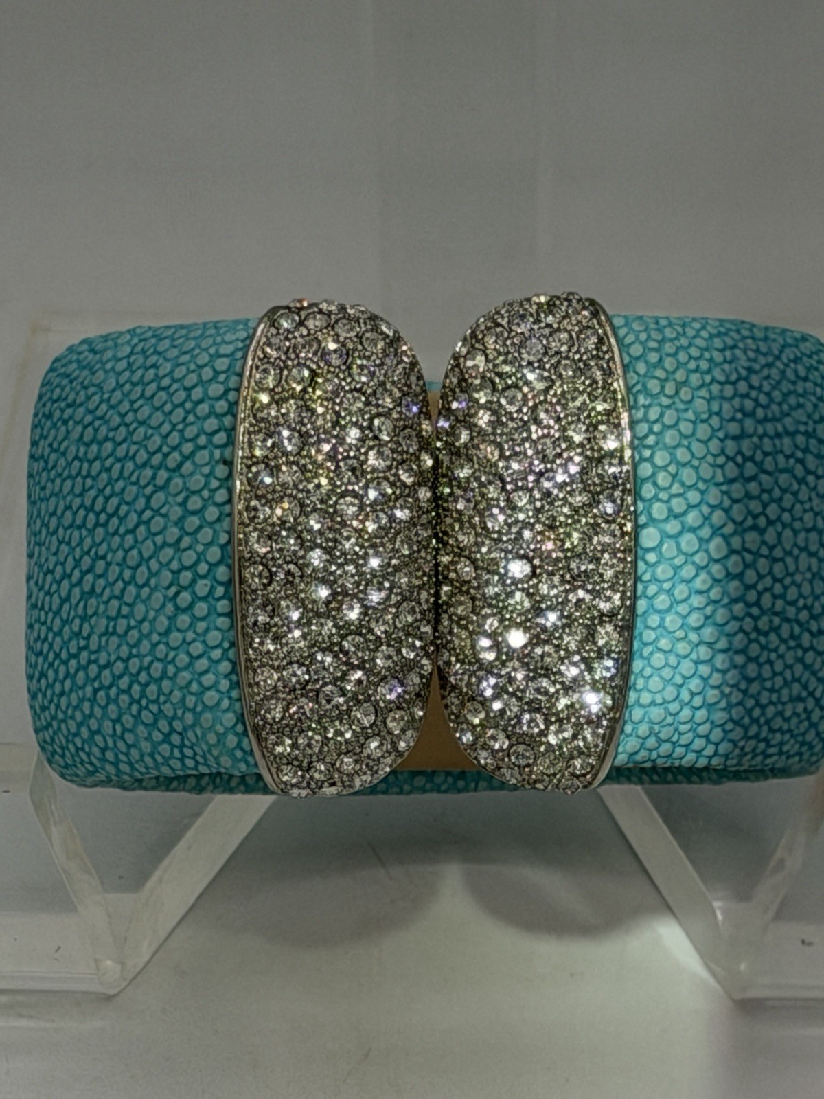 PJM Jewelry Turquoise Leather Hinge Wide Bangle CZ-Cuff Bracelet