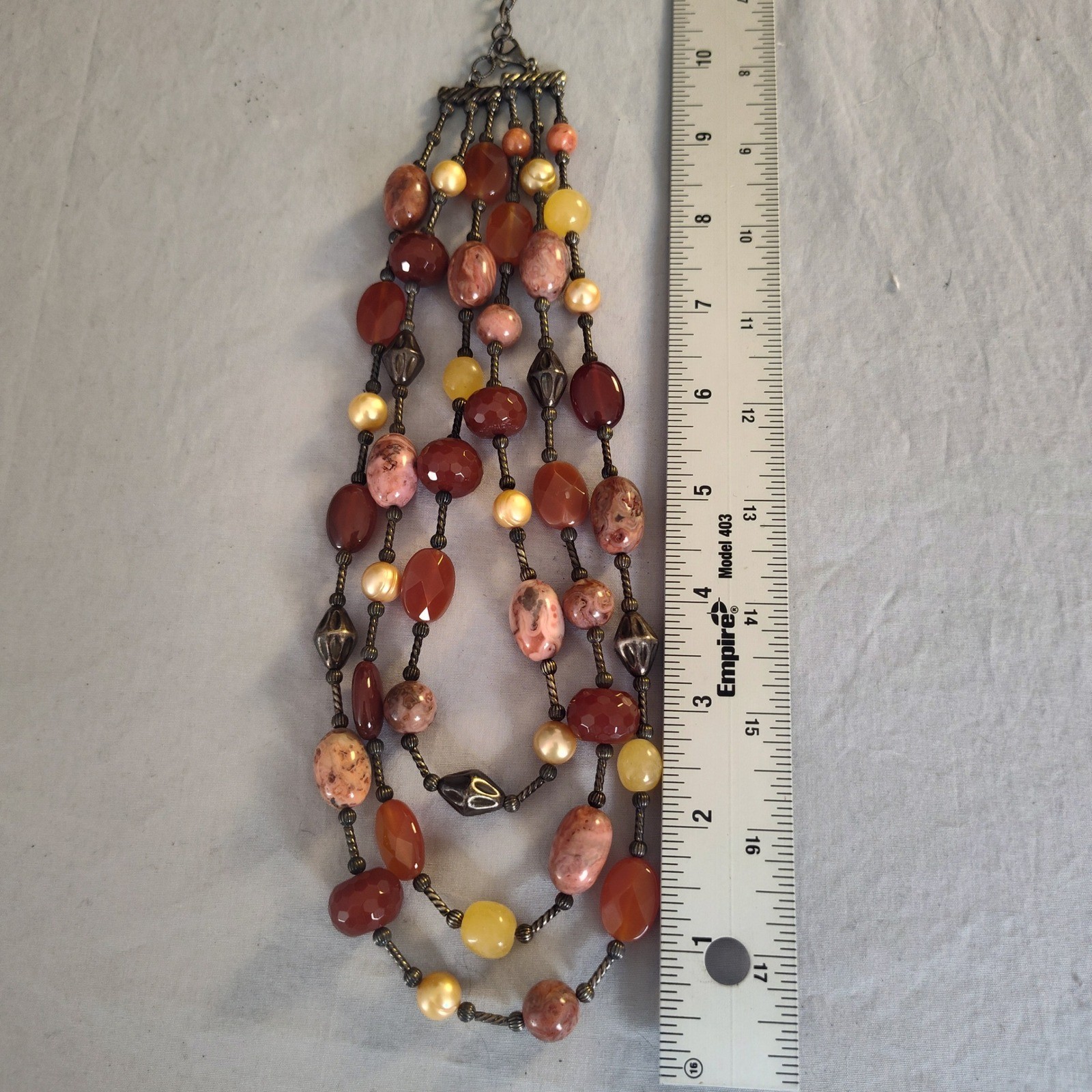 Multi Strand Earth Tone Beaded Necklace Bronze Tone Layered Stone Statement 22in
