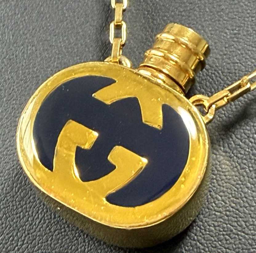 Vintage Gucci Navy Enamel GG Perfume Bottle Motif Necklace Pendant Gold-tone