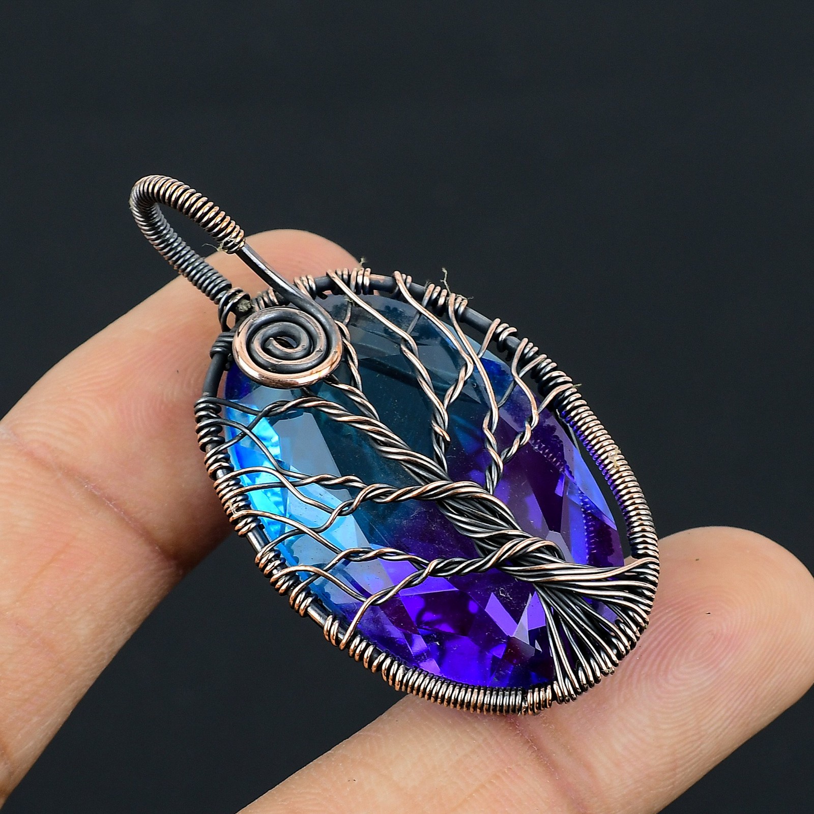 Bi Color Tourmaline Gemstone Copper Wire Wrap Jewely Pendant 2.1″ K646