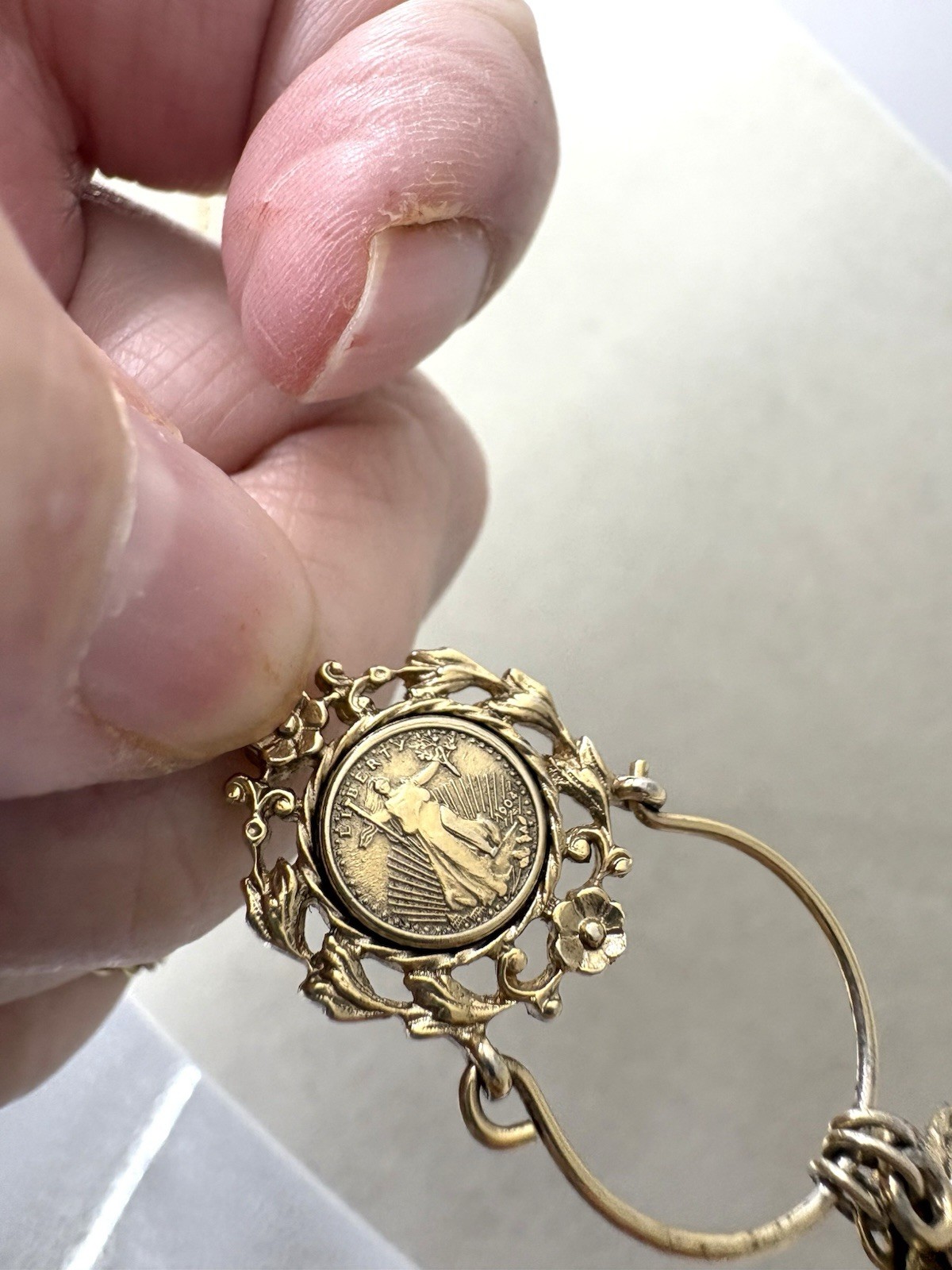 Gold Tone Tiny Charm Pendant Necklace Faux Liberty Coin Heart Key&Locket By 1928