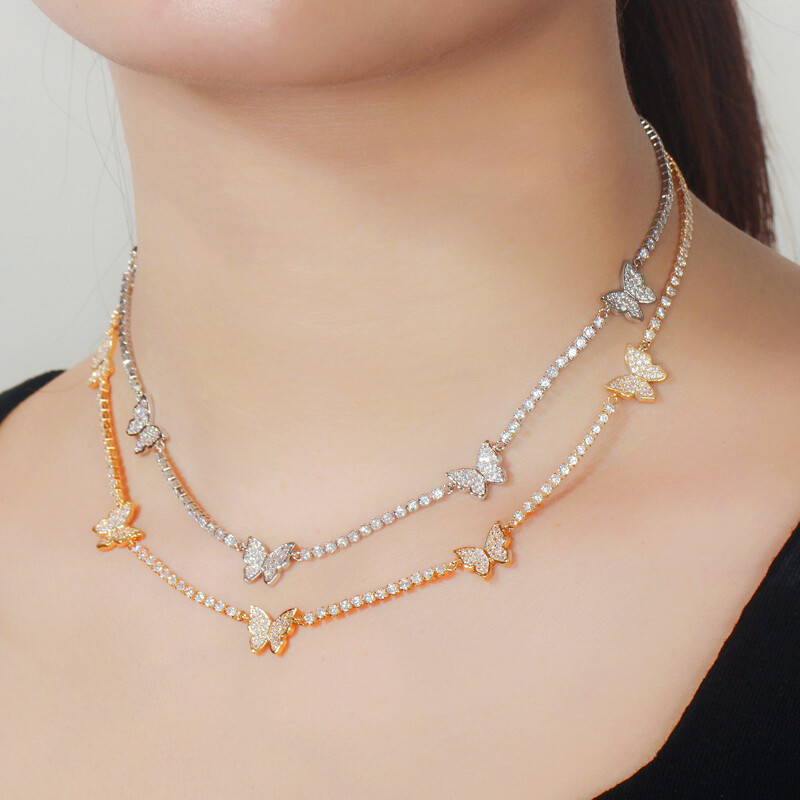 Cubic Zirconia Tennis Butterfly Connect Clavicle Round Choker Necklace for Women