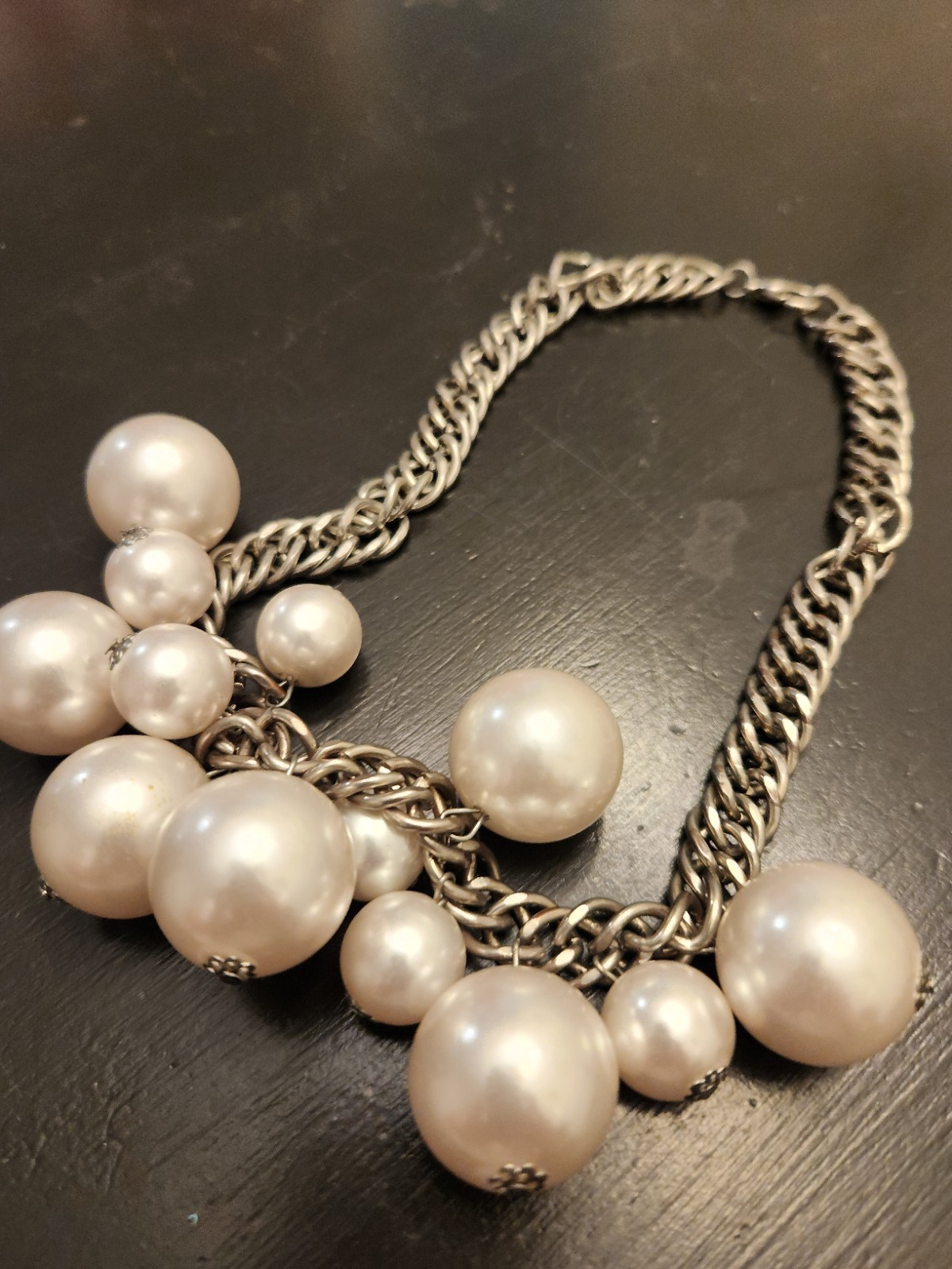 Silver-Tone Curb Link Chain Statement Necklace White Simulated Pearl Cluster