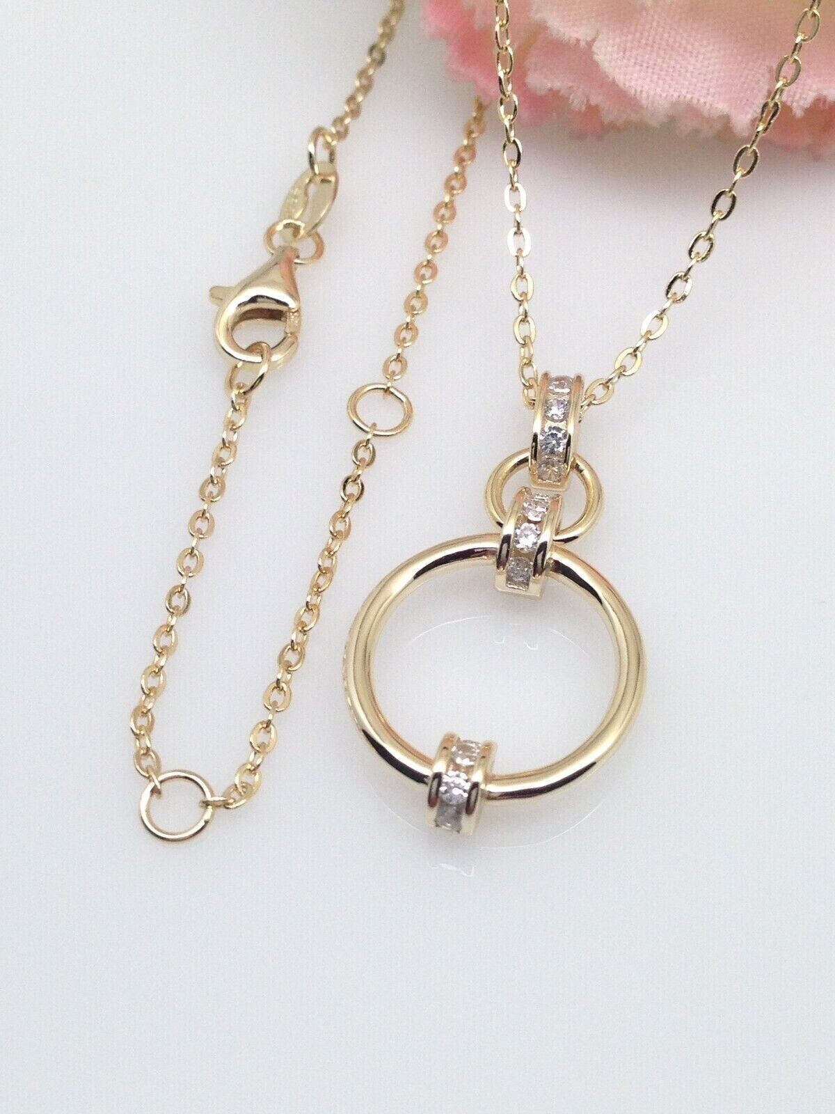 925 Sterling Silver CZ Two Circle Pendant Necklace Linked Gold 25mm 16-18″ Women