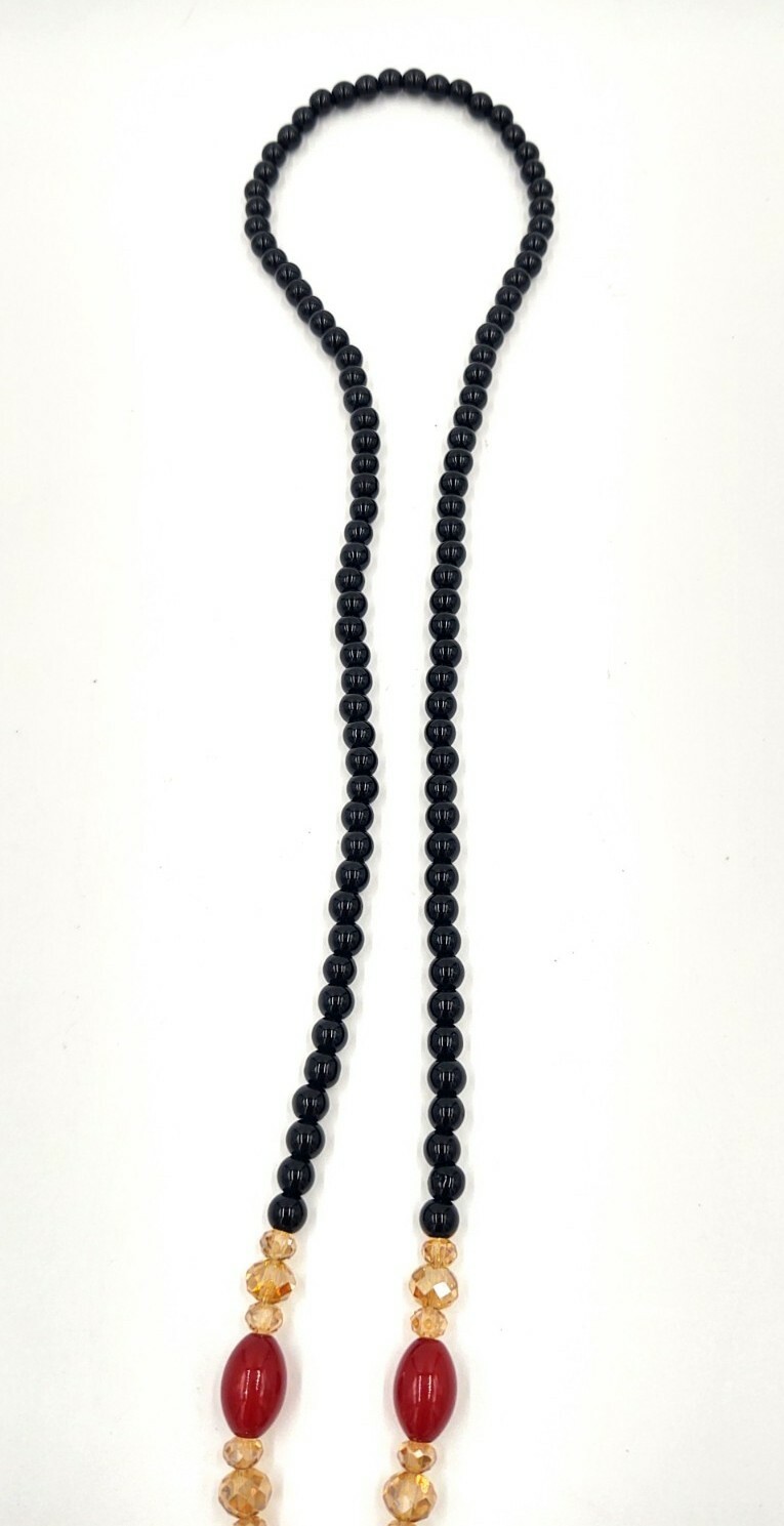 Glass Bead Crystal Stone Tassel Necklace Red Black 17.5″