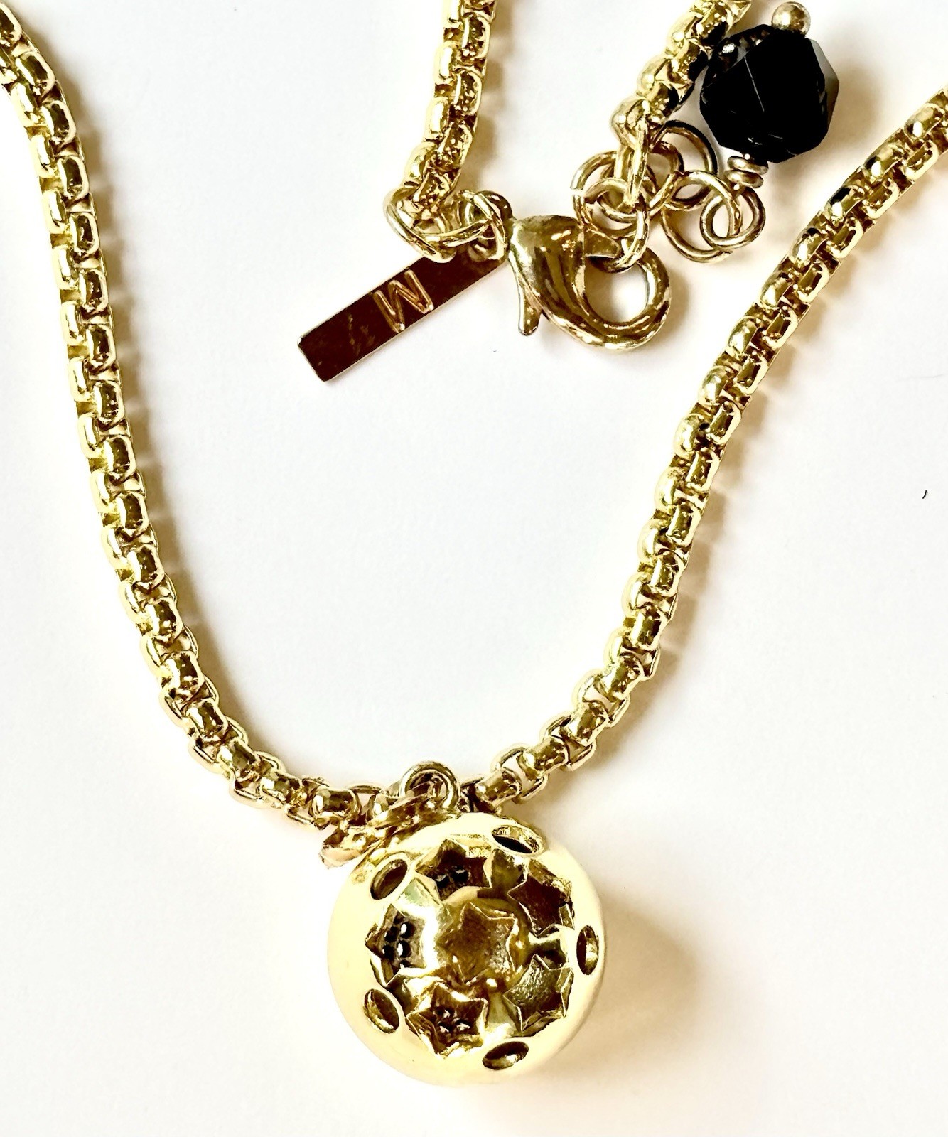 Pave Moon Ball Gold Tone Pendant with Stars Rounded Box Chain Necklace 16″ – 18″