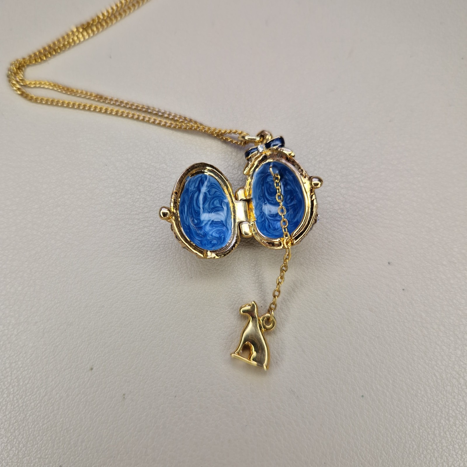 Enamel Easter Egg Locket Necklace Dangly Hidden Charm Sphix Jeweled Louvre 46cm