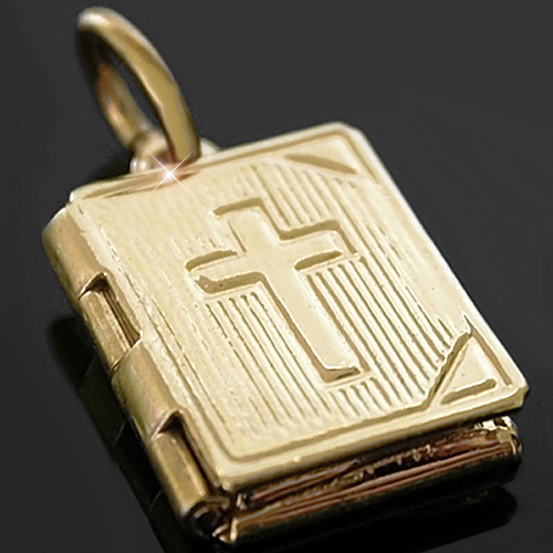 14k GOLD GL BIBLE shaped Hand Engraved Opening Pendant / Locket + LIFETIME GUAR