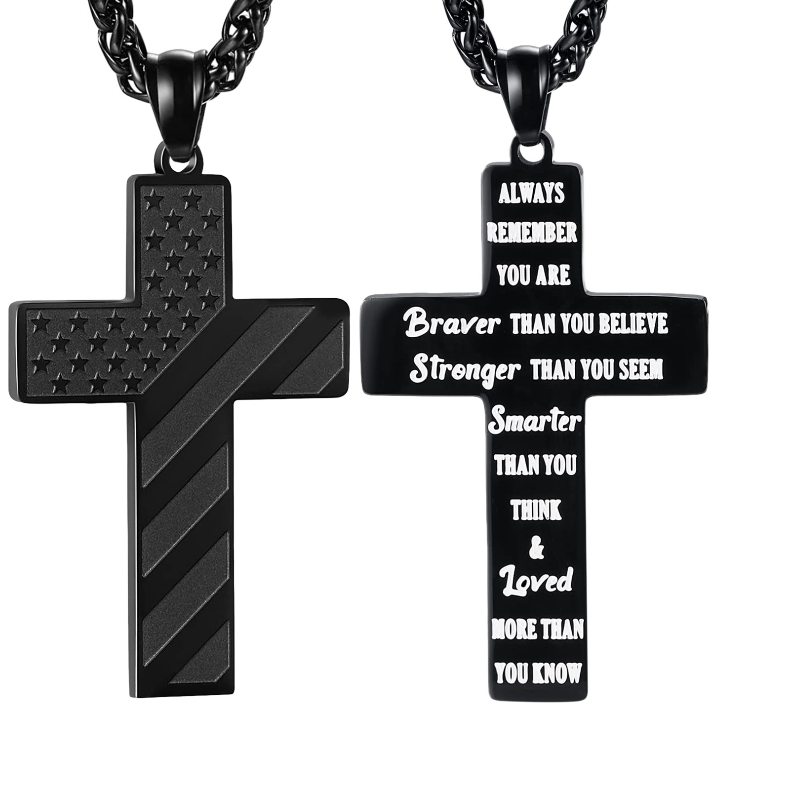 Mens Boys Inspirational Black American Flag Cross Pendant Bible Verse Necklace