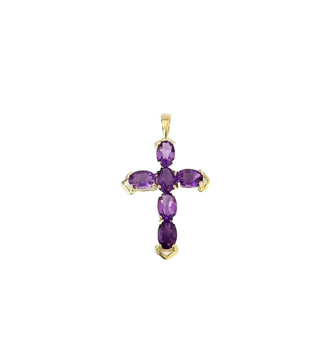 Real 10K Yellow Gold Cross Pendant Purple Amethyst Stone Religious Charm P11994