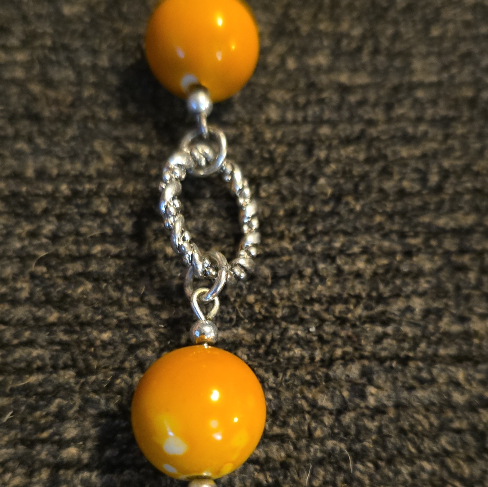Orange Plastic Beaded Necklace Silver Tone Oval Link Chain Lobster Clasp