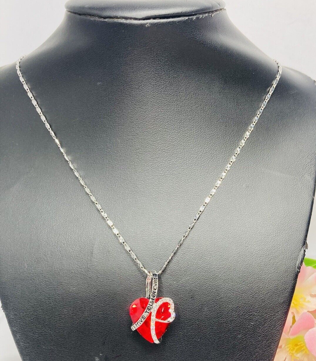 14k White Gold Plated Heart “I Love You Forever” Pendant Huge Red Cz & Chain 20″