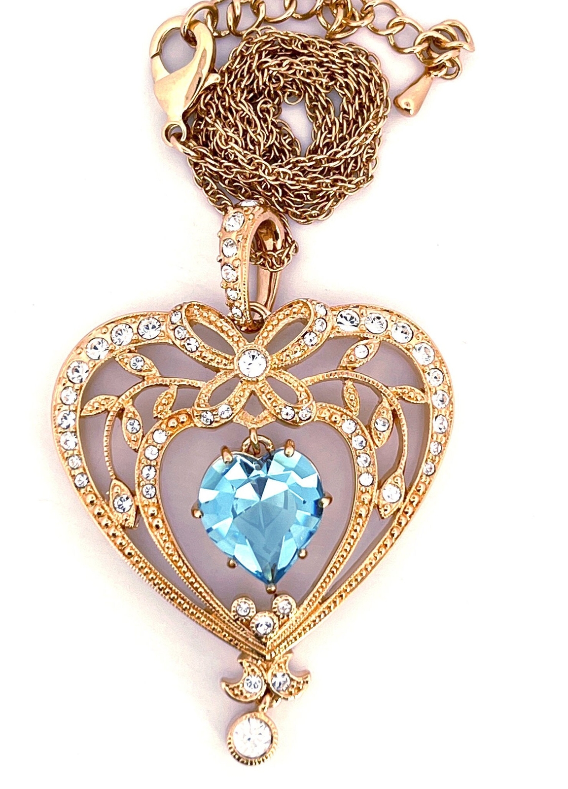 March Birthstone Gold Plated Necklace Set With Heart Shaped Aquamarine Crystal