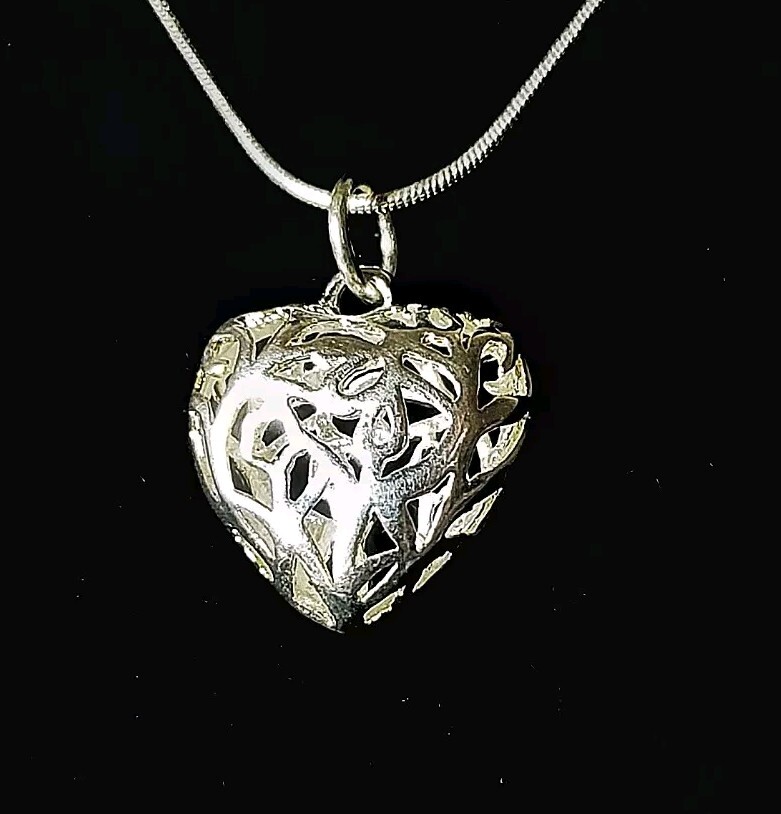 18″ x 1mm Sterling EP Snake Chain w 24mm Sterling EP Open Work 3D Heart Pendant