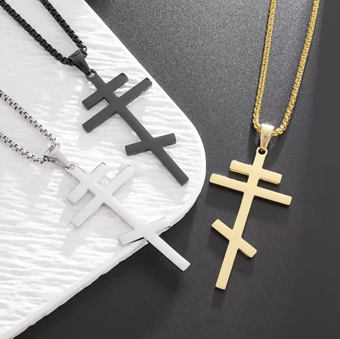 Cross Necklace, Eastern Orthodox, Stainless Steel Pendant, Men, Russian, Greek