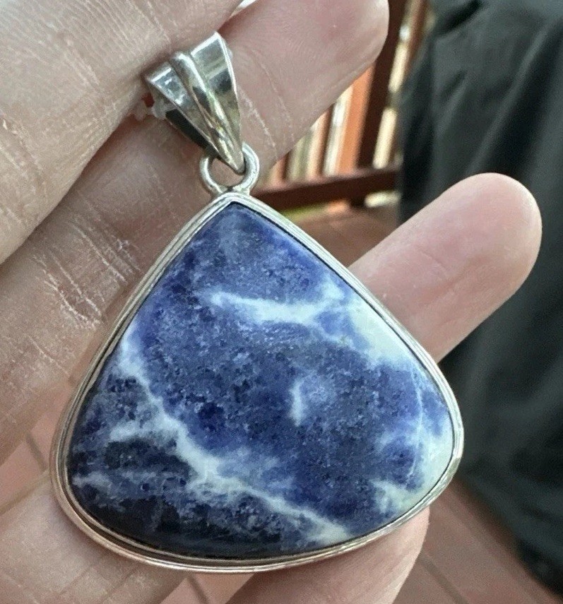 Sterling Silver 925 Blue White Sodalite Trillion Bezel Set Charm Pendant