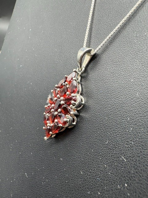 Natural Red Garnet Floral Cluster Pendant, Sterling Silver Statement Jewelry