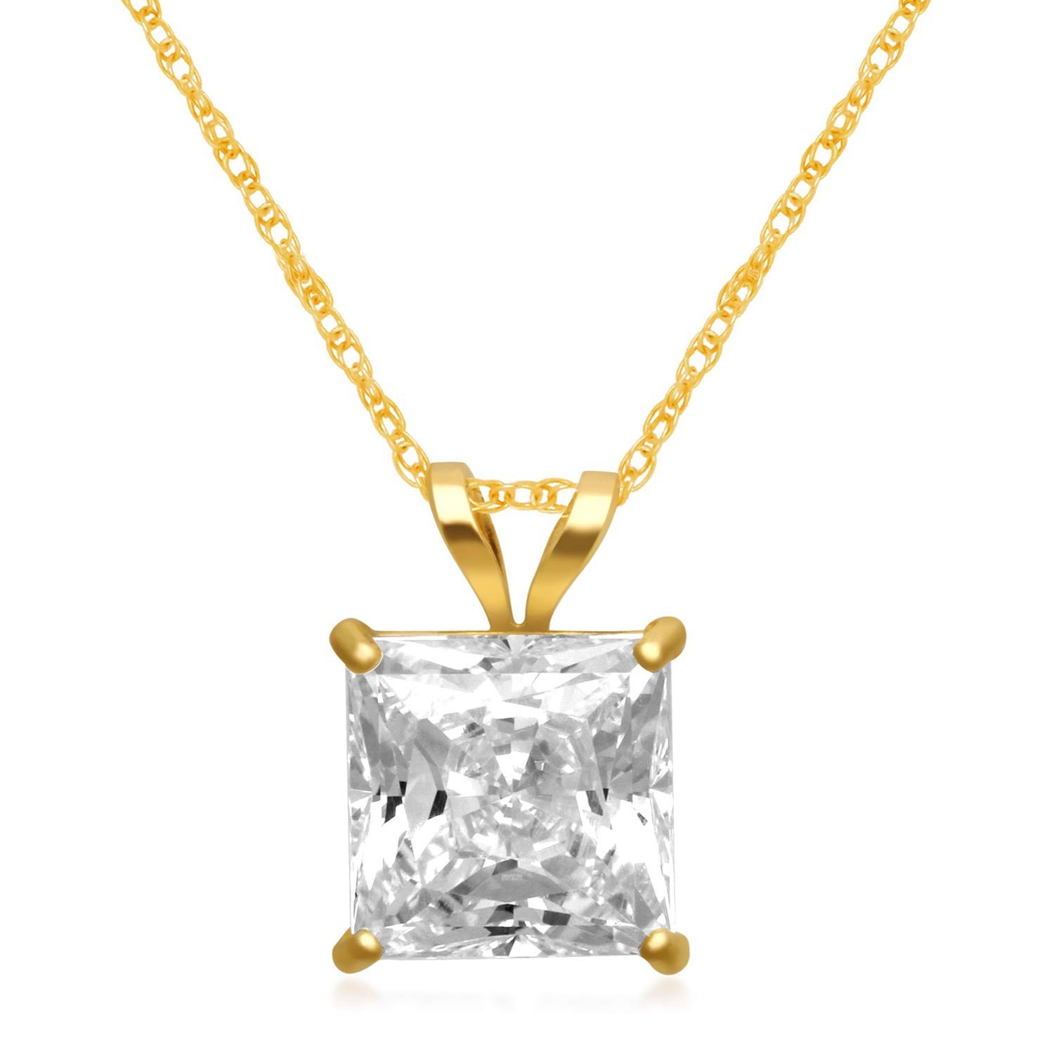 10K Gold Princess Cut CZ Solitaire Pendant Necklace for Women | 1.0-2.0 Carat |