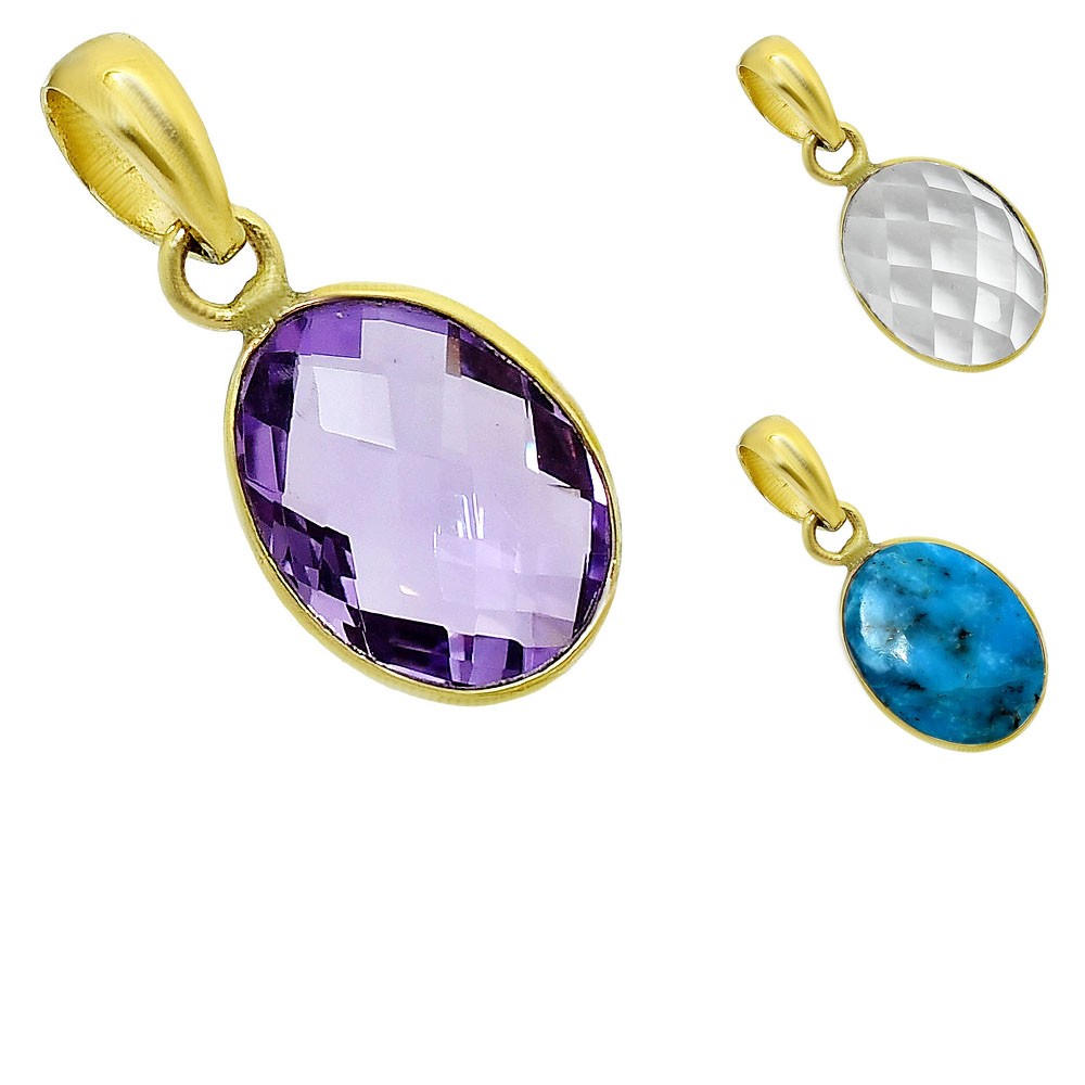 18K Gold Over Brass Natural Gemstones Oval Shape Pendant Jewelry PM-1001 TGP1001