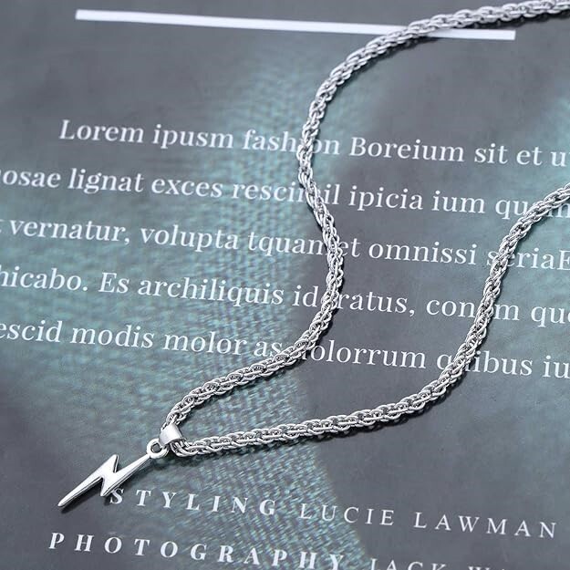 Silver Rope Chain Necklace with Lightning Bolt Pendant –Trendy Statement Jewelry