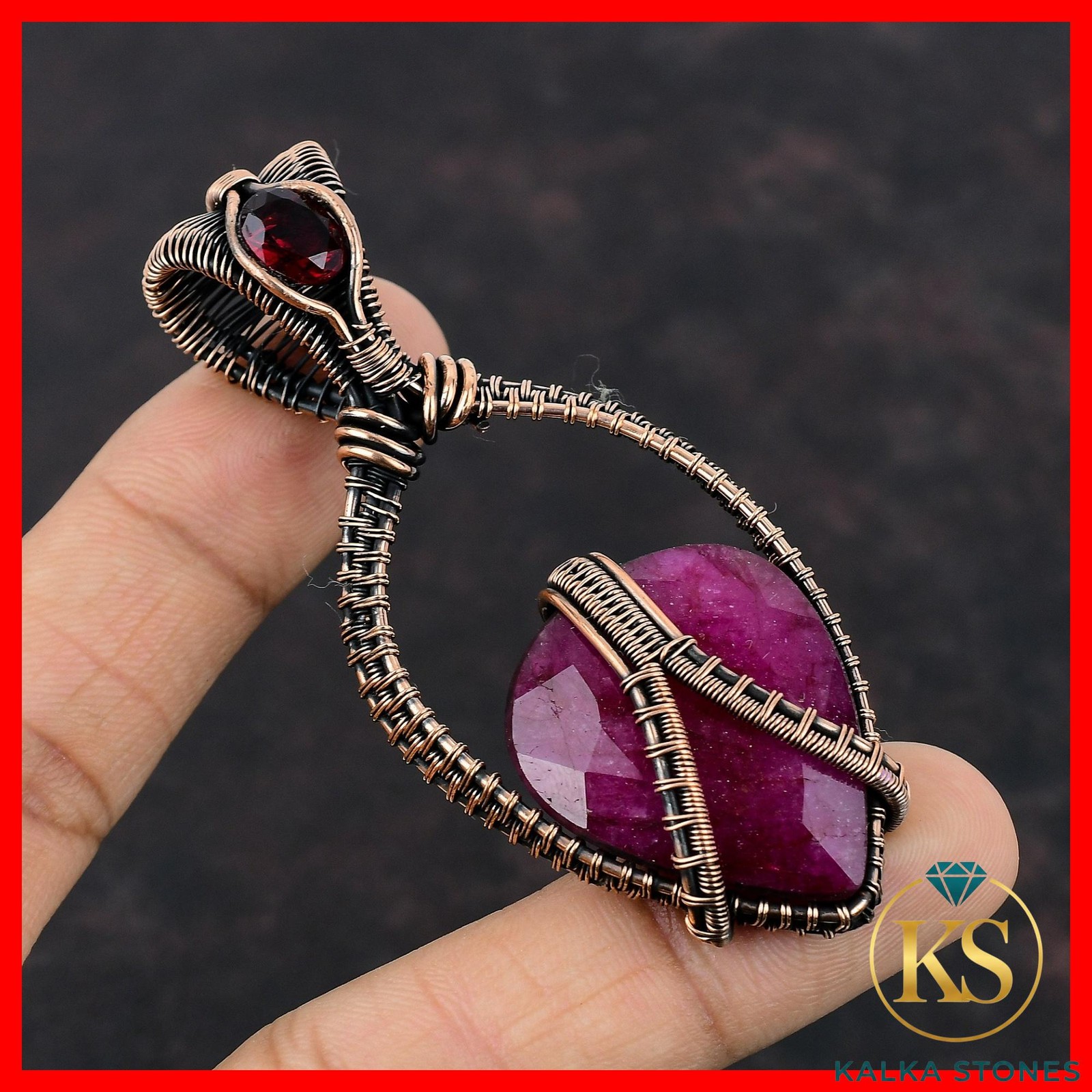 Kashmir Rubi Stone Mozambique Garnet Copper Wire Wrapped Trendy Pendant Jewelry