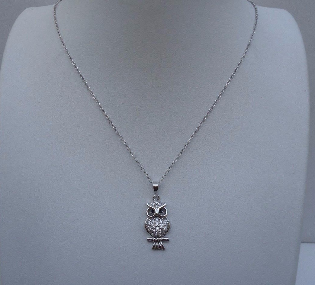 925 STERLING SILVER DESIGNERS OWL PENDANT NECKLACE W/ 1 CT LAB CREATED DIAMONDS