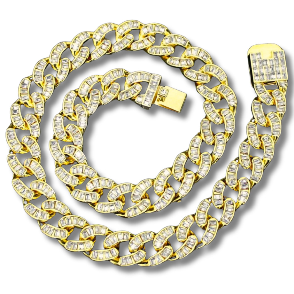 Mens 15mm Iced Baguette CZ Cuban/Curb Link Gold Plated 7″-30″ Necklace