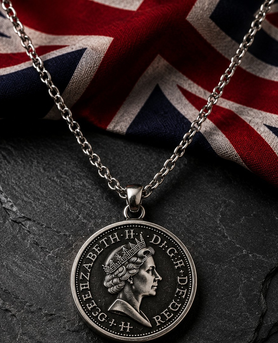 British Patriot Queen Coin Necklace – Vintage Royal Pendant Chain